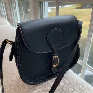 Black Leather crossbody, gold buckle
